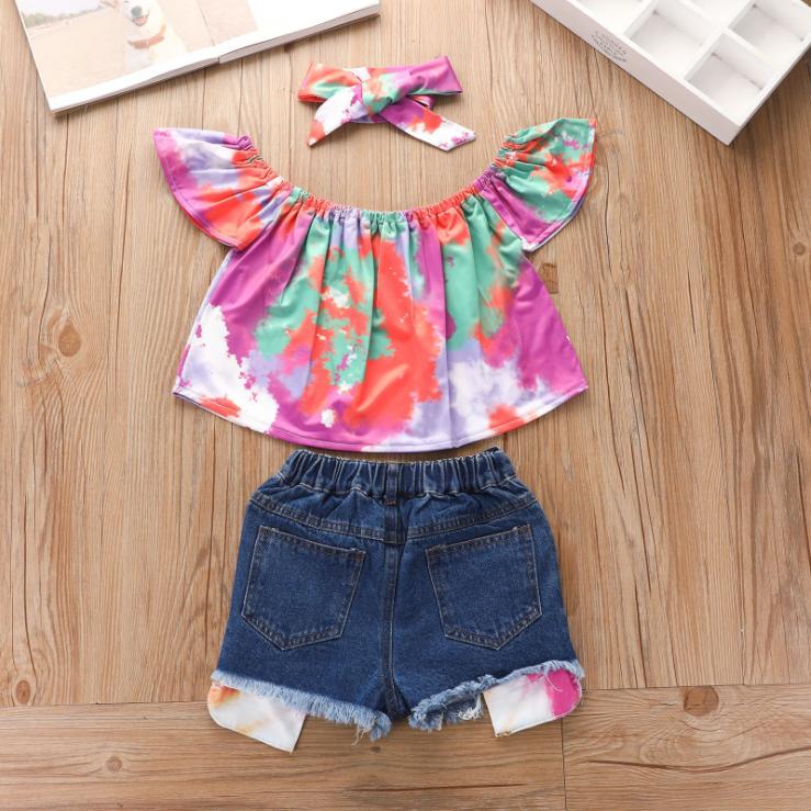 Summer Girls' Hole Shorts One Shoulder Top Denim Shorts Set Three Piece Children's Denim Shorts Suit