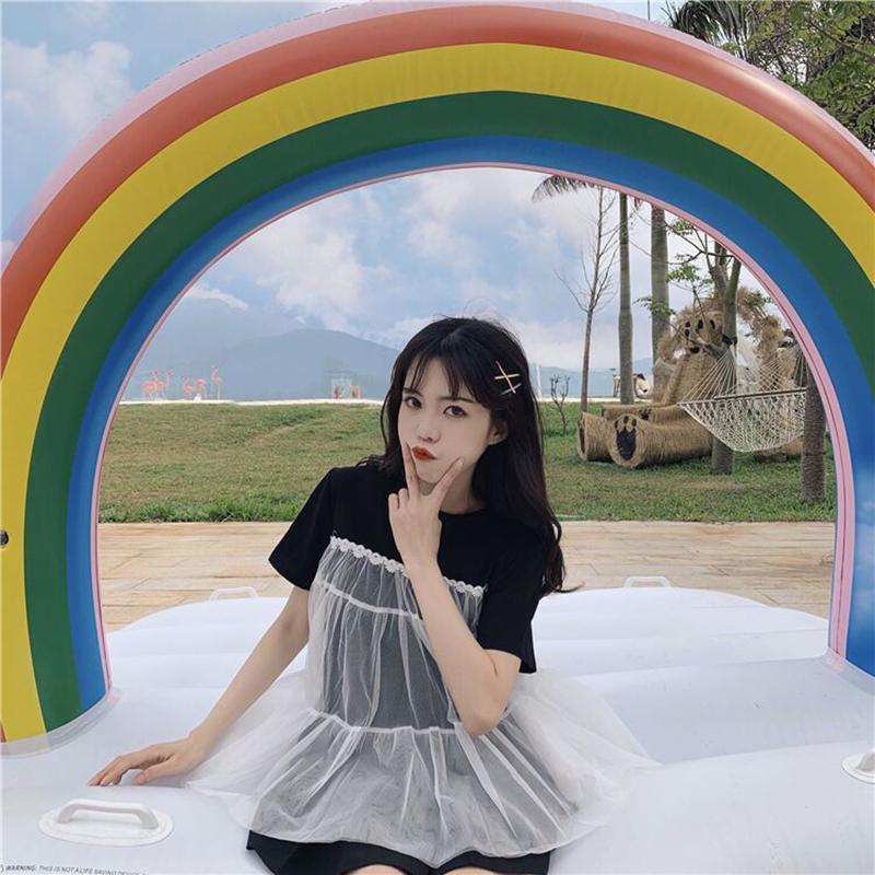 Short-sleeved Female Student Korean Loose T-shirt Summer Sweet Stitching Mesh T-shirt Round Neck Girlfriends Outfit