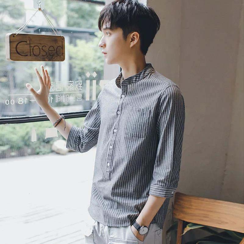 Summer Men's Shirt 7-quarter Sleeves Stand Collar Striped Shirt All-match Casual Short-sleeved Shirt