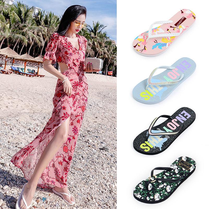 Women Designer Flip Flops Printing Slippers Beach Sandals Summer Shoes Pool Shower Shoes
