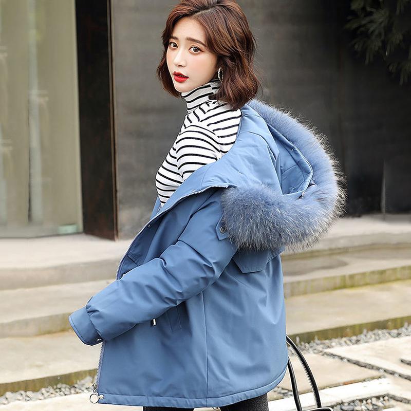 Women's Solid Color Hooded Down Jacket Regular Korean Loose Thick Coat Warm Cotton Coat Large Leather Collar Winter Coat Quilted Coat