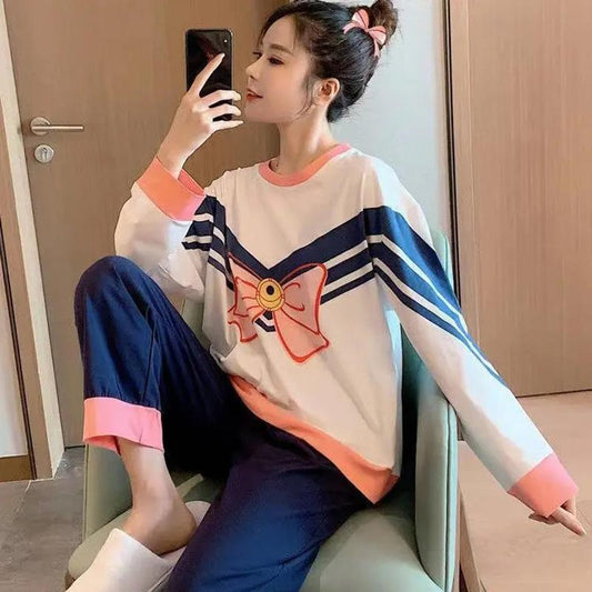 Spring and Autumn Women's Pajamas Set Cute Bow Printed Pajamas Set Plus Size Long Sleeves Outer Wear Casual Home Wear Two-Piece Set
