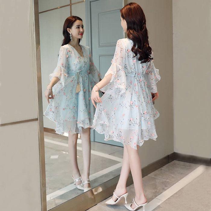 Pofulove S-4XL Women Summer High-end Floral Chiffon Dress Slim Thin Long V-neck A-line Beach Dress