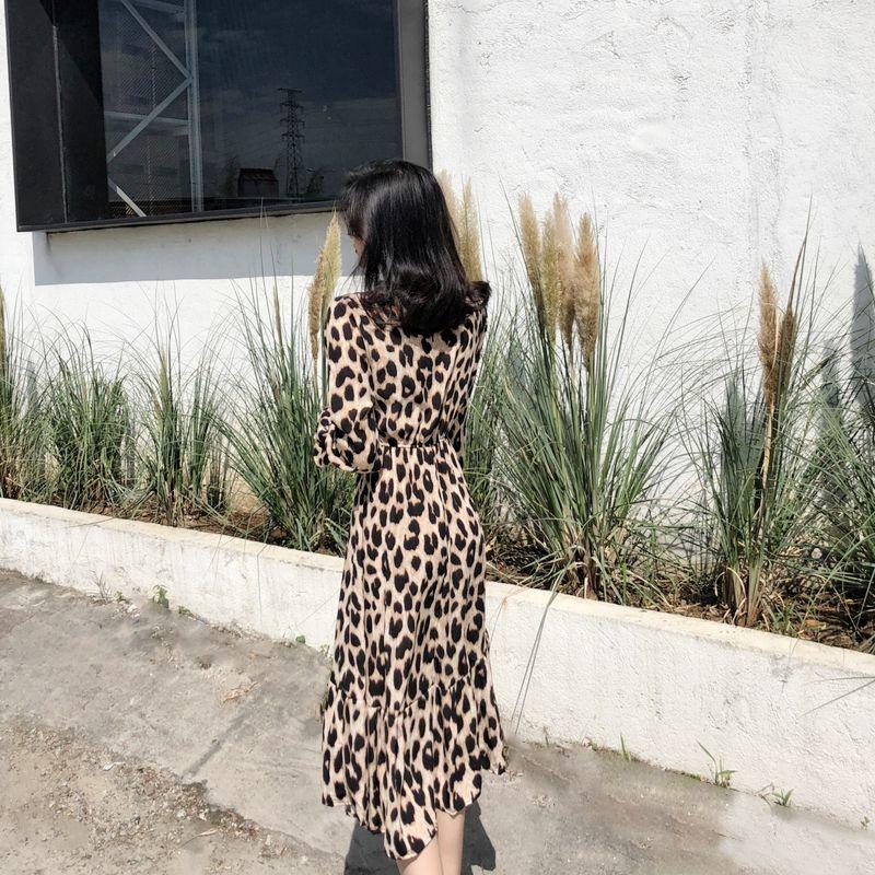 Women's Summer Leopard Print Mid-length Dress Lapel Long-sleeved Lace-up Ruffled Bohemian Beach Long Shirt