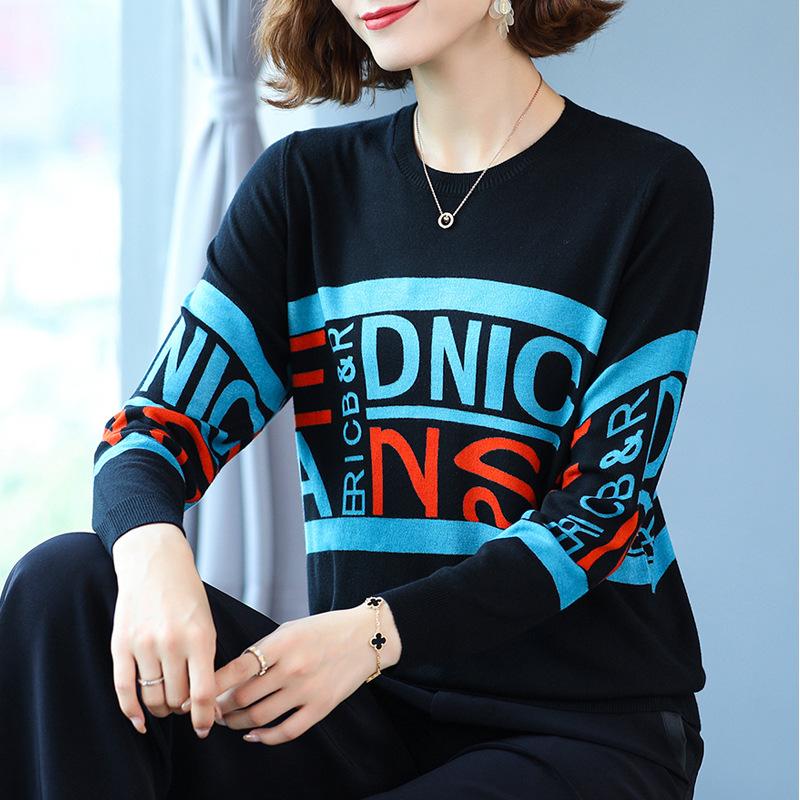 Autumn Winter Women's Printed Sweater Loose Large Size Jumper Long Sleeve Casual Round Neck Sweater Knitwear