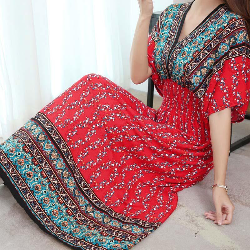 Cotton Silk Dress Mid Length Beach Dress Large Floral Sea Long Dress Mom Casual Wear