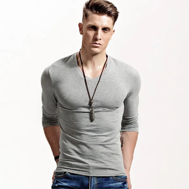 Men Slim Shirts Stretch Tees Slim Pullovers Casual Bottoming T-shirt Long Sleeves Overshirt Solid Color Top V-collar Clothing