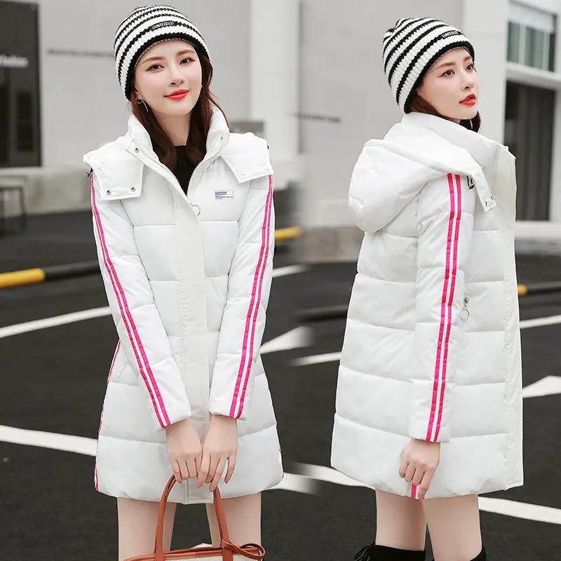 Women Winter Thickening Coats Hooded Jackets Stripes Plus Size Warm Mid-length Slim Padded Jacket Medium Long Bright Color Girls Student Coat