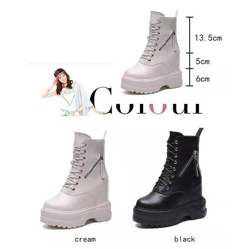 Woman Leather Ankle Boots  Platform Boots Women Wedge Shoes Autumn Winter  Round Toe Lace-up  Inside Raised Martin Boots Ladies Shoes