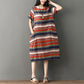 M-XXL Cotton Short-sleeved Summer Mid-calf Pattern Striped Decoration Pockets Dress