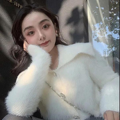 Mink Fleece Turn Down Collar Short Sweater Early Autumn Soft Waxy Diamond Button Knitted Cardigan Small Fragrance Jacket
