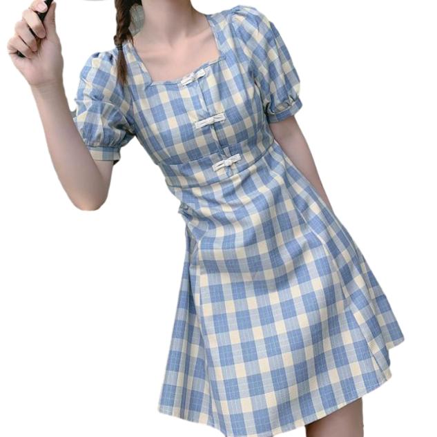 Waist Blue Plaid Dress Female Middle Length Retro Slim Square Neck Little Fresh High Waist Bubble Sleeve A-line Dress