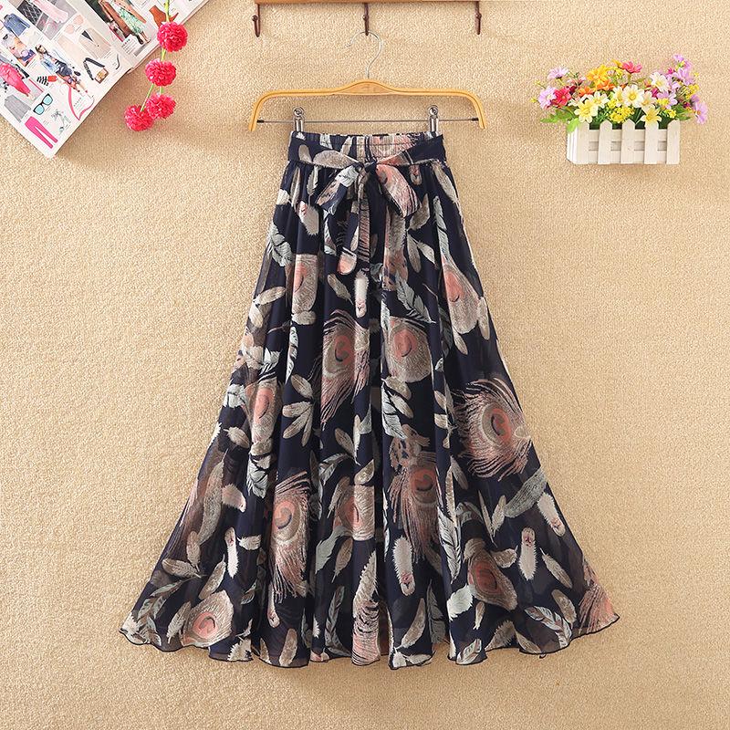 A-line Draping Ruffled Skirt Chiffon Skirt Pleated Floral Skirt Summer Women's High Waist Long Skirt