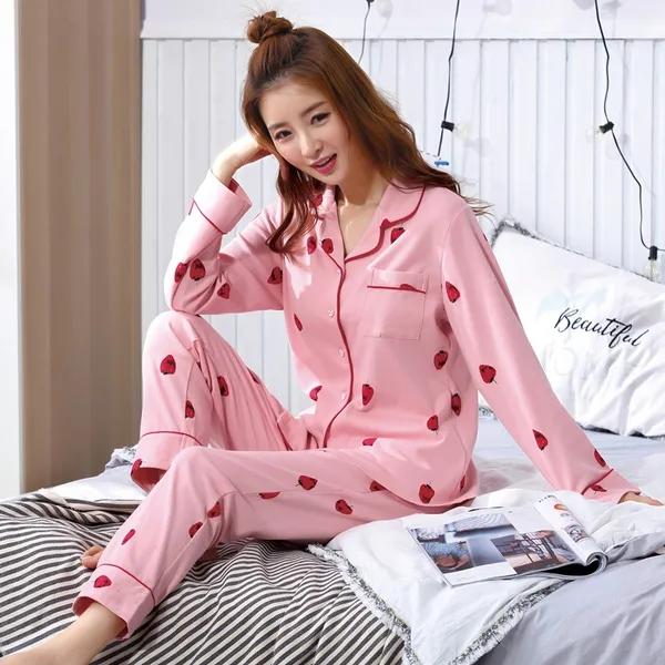 Women Cartoon Cute Pajamas Set Turn-down Collar Sleepwear Suit Casual Loose Home Wear V Neck Girls Long Sleeve Autumn Winter Nightwear