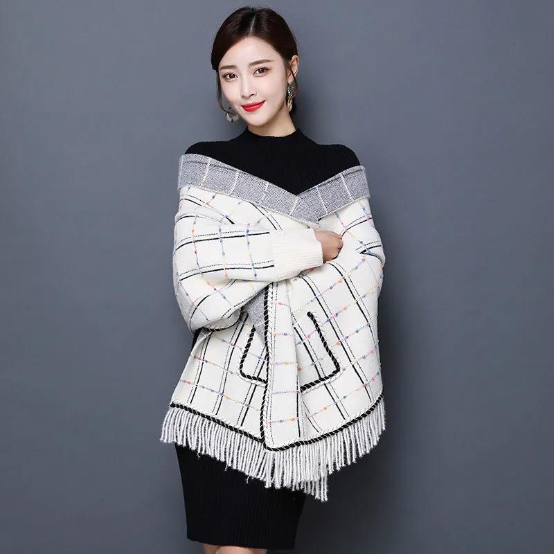 Women's Shawl with Sleeves Autumn and Winter Knitting Waterproof Mink Fleece Slim Slimming Outer Thick Plaid High-end Cloak Temperament Wrap