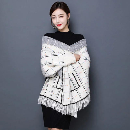 Women's Shawl with Sleeves Autumn and Winter Knitting Waterproof Mink Fleece Slim Slimming Outer Thick Plaid High-end Cloak Temperament Wrap