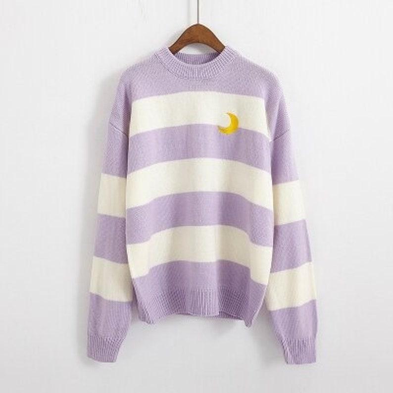 Pastel Lilac Sailor Moon Theme Knit Jumper, Candy Color Stripes Moon Sets Embroidery Sweater Harajuku Clothing, Kawaii Clothing Cute Sweater