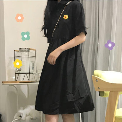 Summer Black Embroidered Solid Color Cute Sweet Girl College Style Age Reduction Looser  Short Sleeve Dress