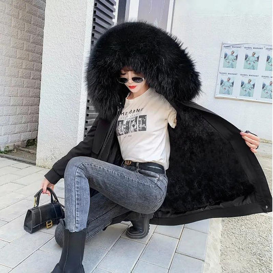 Pai Overcome Women's Loose Hooded Big Fur Collar Imitation Rex Rabbit Fur Liner Mid-length Fur Coat Warm Cotton Winter Jacket