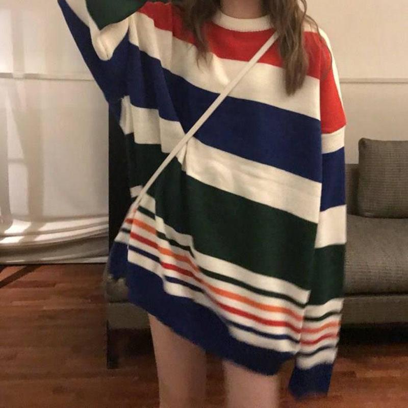 Pofulove Autumn Winter Colorful Striped Sweater Women's Mid-length Round Neck Loose Pullover Coat