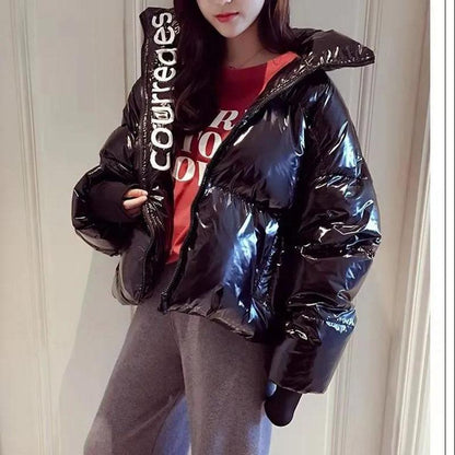 Winter Down Jacket Fashion Shiny Leather Down Jacket Short Thick Loose Leather Jacket