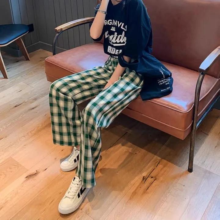 Women's Summer Plaid Trousers Korean Style Japanese Loose Thin Wide-leg Pants All-match Straight Casual Pants Retro High Waist Elastic Pants