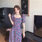 Women's Summer Puff Sleeve Floral Skirt Mid Length Slit Square Neck Dress