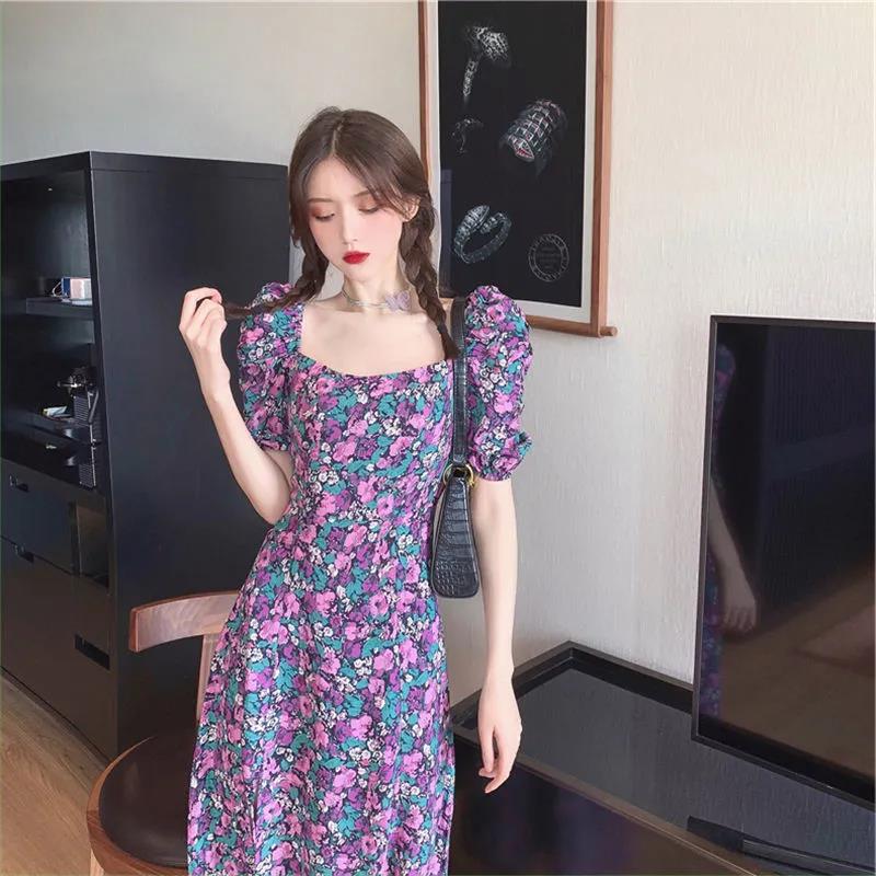 Women's Summer Puff Sleeve Floral Skirt Mid Length Slit Square Neck Dress