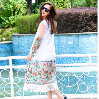 Ethnic Style Sun-Dress Women's Sun Protection Clothing Mid-length Plus Size Shawl Loose Outer Chiffon Cardigan Thin Coat Beach Air-conditioned Rooms