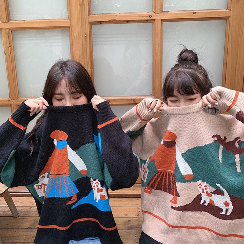 Vintage Autumn Winter Women Cartoon  Printed Sweater Student Loose Casual Pullover Sweater All-match Knitwear Coat Outer Wear