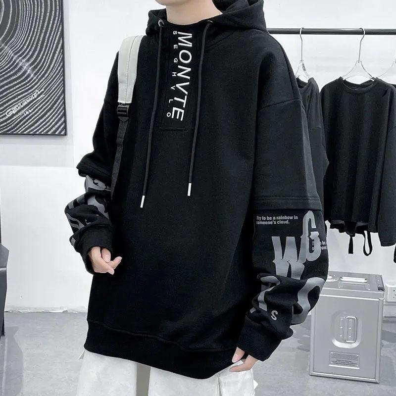 Hooded Sweater Men's Spring and Autumn Loose Large Size All-match Fake Two-piece Top Pullover Thin Section