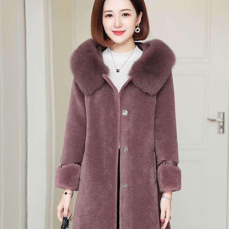 Real Fox Fur Collar Particle Sheep Shearing Female Mid-length Fur with Haining Fur Thickening Warm Jacket