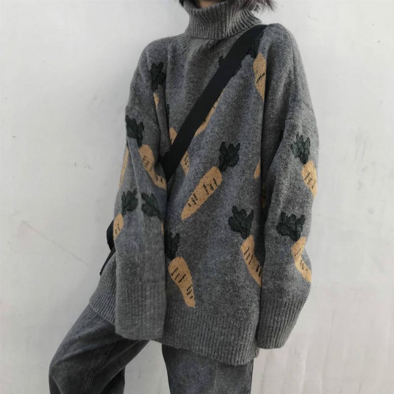 Pofulove Korean Turtleneck Color-matching Sweater Female Loose Pattern Wild Sweater Autumn Winter