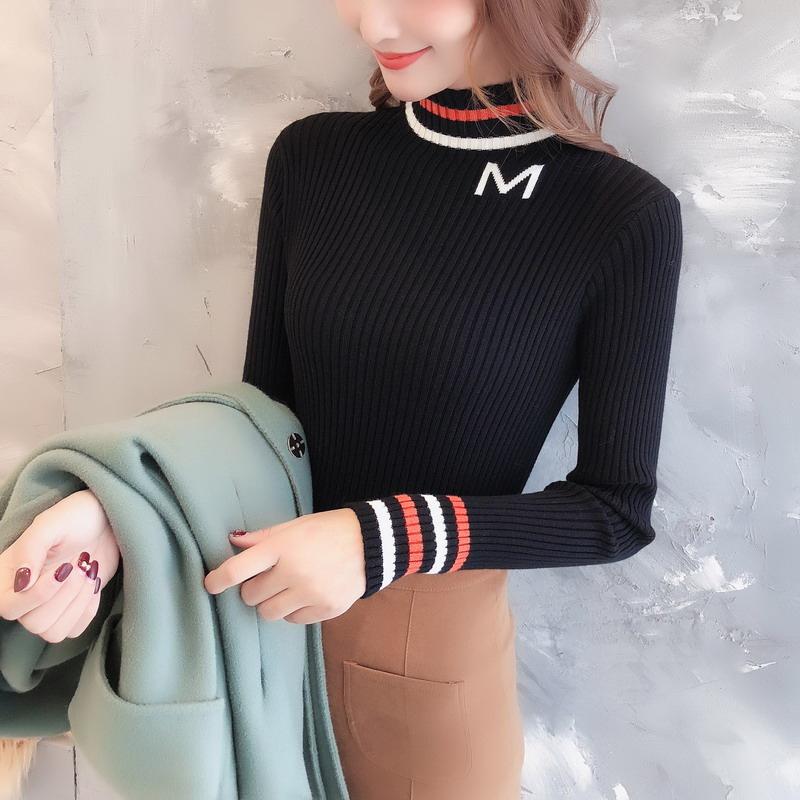 Warm Sweater Turtleneck Sweater Female Autumn and Winter Cold Striped Sweater Inside Wear