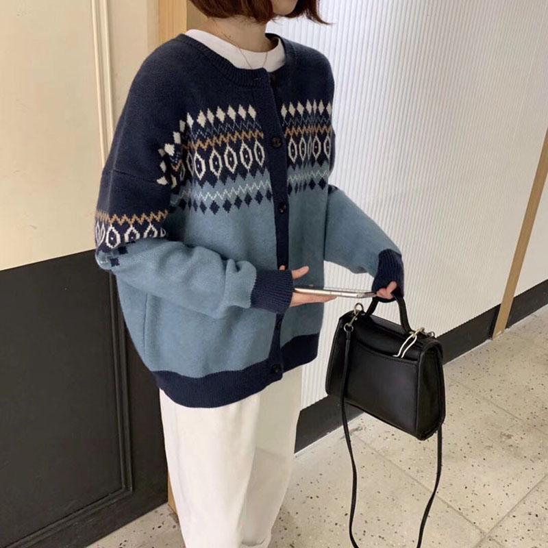 Spring Autumn Vintage Jacquard Round Neck Knitted Cardigan Women's Wild Plus Size Sweater Coat