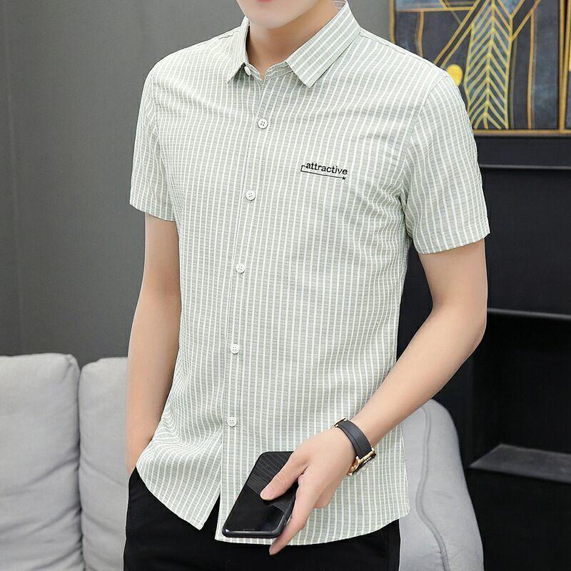 Men's Short-sleeved Shirts Summer Slim and Handsome Casual Shirts Youth Men's Half-sleeved Shirts Stripes