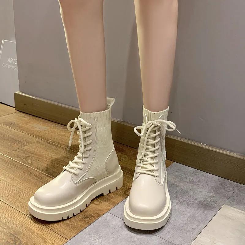 Martin Boots Women's Autumn and Winter British Style Wild Knit White Boots Thick Bottom Short Boots Women