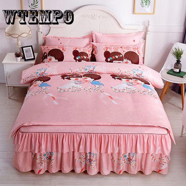 Bed Skirt Queen Size Single-Layer Skin-Friendly Cotton Bedspread 4PCs Set Includ