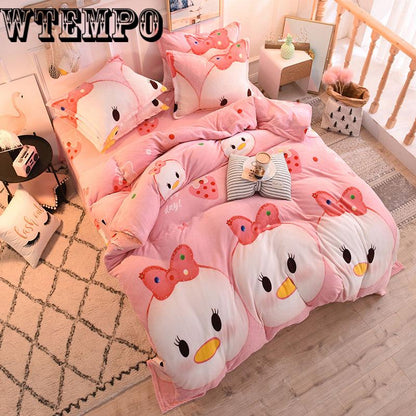 4pcs Thick Double-sided Flannel Duvet Cover Purple/blue/pink Printed King Size Bedding Set