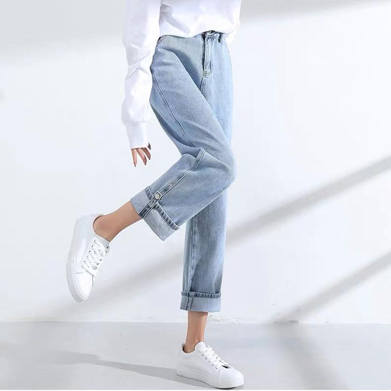WTEMPO Adjustable trouser length Women's High Washed Denim Waist Wide Leg Pants Straight-leg Pants Super Long Loose Casual