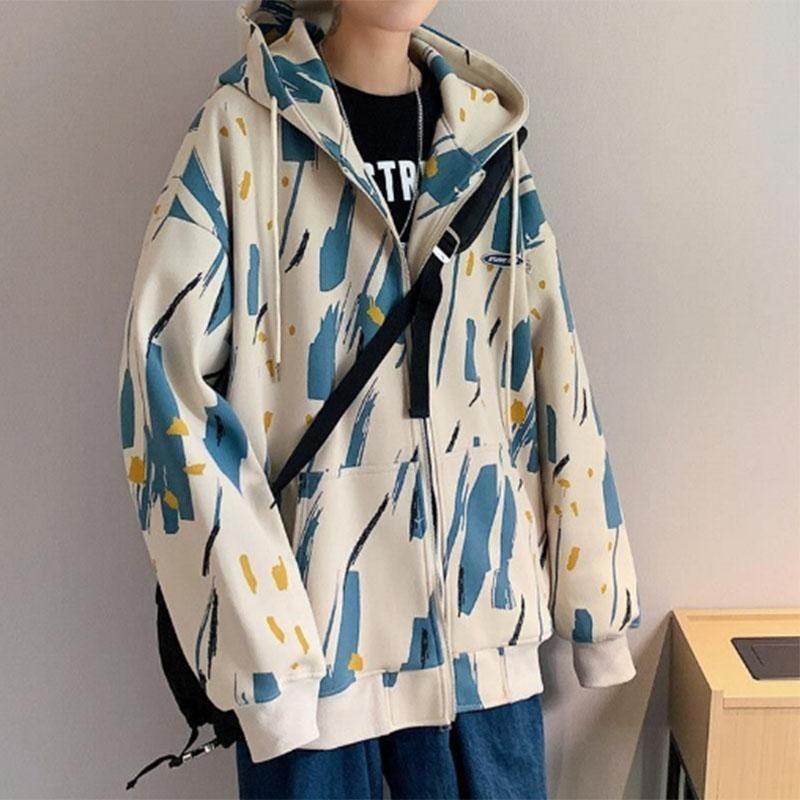 Tie-dye Cardigan Sweater Men's Spring and Autumn Sports Jacket Hooded Loose Jacket Casual All-match Tide Brand Jacket