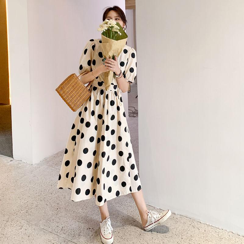 Female Plus Size Elegant Holiday Dress Slim V-neck Wave Point Print Bubble Sleeve Big Swing Long Dress