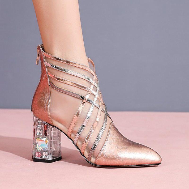 Pointed Toe Net Boots High-heeled Rhinestone Toe Cap Sandals Female Summer Leather Soft Leather Thick-heeled Net Gauze Sandals
