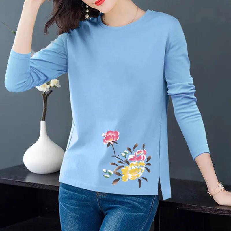 Spring & Fall Cotton T-shirt Women Casual Slit Top Peony Print Pullover Long Sleeve Bottoming Shirt
