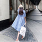Chiffon Dress with Belt Women Button Solid Color High Waist Turn-down Collar Girls Summer Holiday Knee-length Short Sleeve A-line Dress