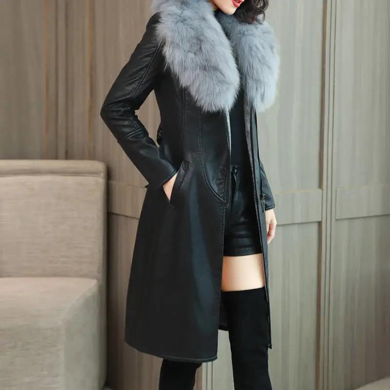 Large Fur Collar Winter Leather Jacket Women Plus Velvet Thick Mid-length Slim and Thin Waist Leather Jacket