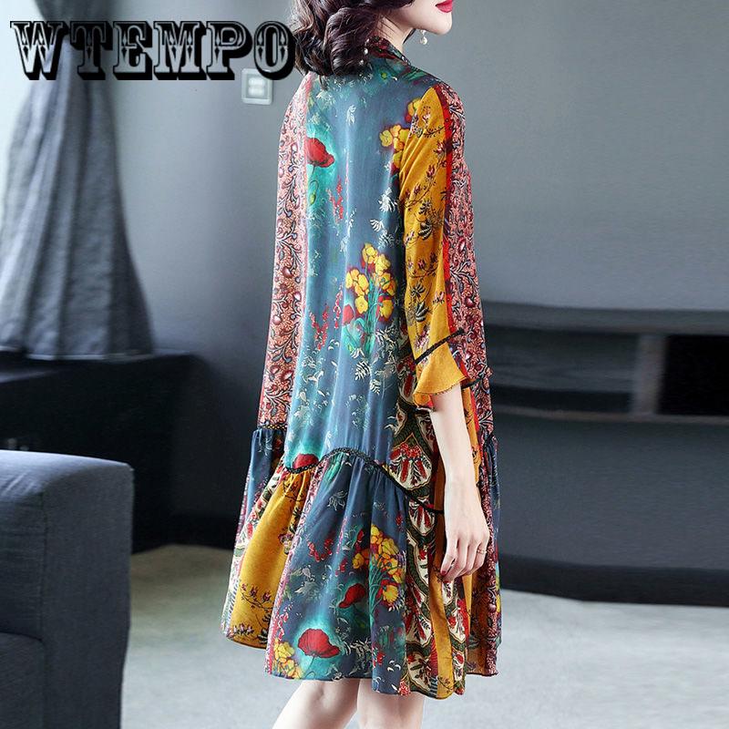 Springsummer New V -Collar Temperament Bohemian Dress Silk Printing Long Beach Dresses