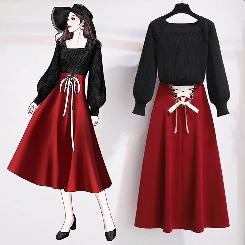 Autumn and Winter Waist Slimming Sweater Set Square Neck Long-sleeved Sweater + French Skirt Two-piece Women's Temperament Suit