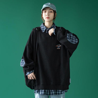 Cotton Spring and Autumn Clothes Fake Two-piece Sweater for Boys and Girls Loose Plaid Shirt Stitching on Clothes
