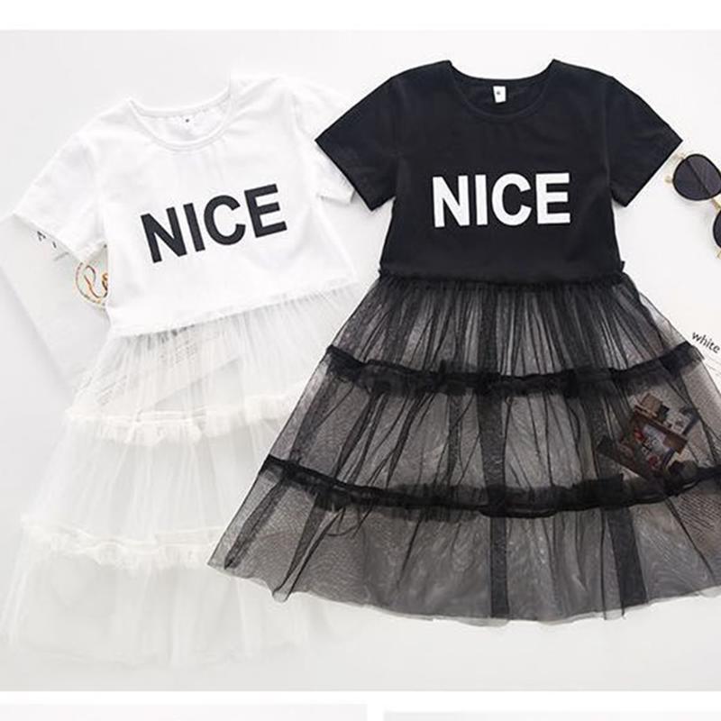 Summer Girls Tutu Dress Baby Dress Kids Dress Children Vestidos Toddler Dress Letter See Through Mesh Patch 2 To 7 Yrs